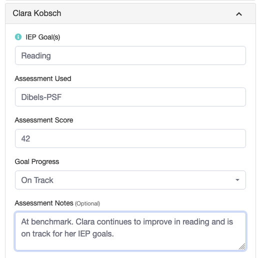 Sample student progress assessment log.